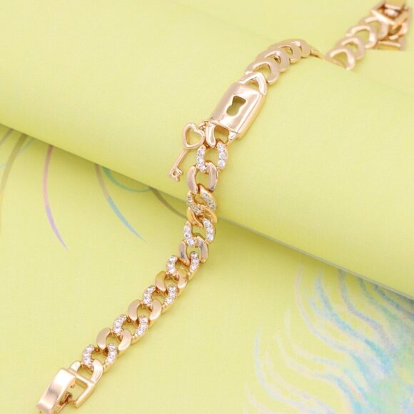 "Rose Gold Heart Lock Key Charm Bracelet with Sparkling Links, XPBL0914 - Picture 2 of 12